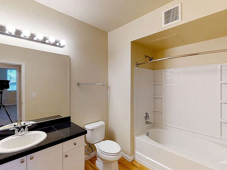 Apartment bathroom with large soaking tub and wood-style flooring.