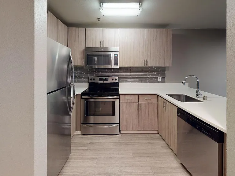 Apartment kitchen with stainless steel appliances, quartz countertops and wood-style flooring.