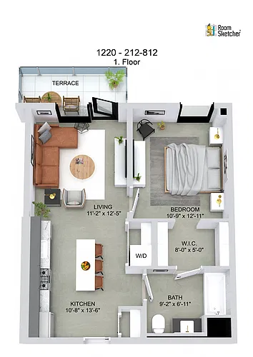 Floor plan J9 1 Bed, 1 Bath, Terrace