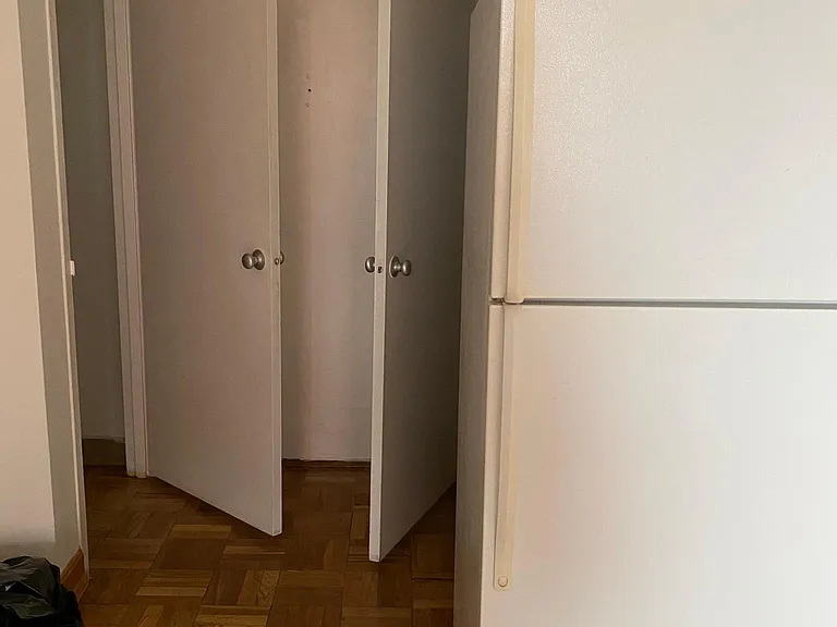 Closets next to front door are open in this picture.