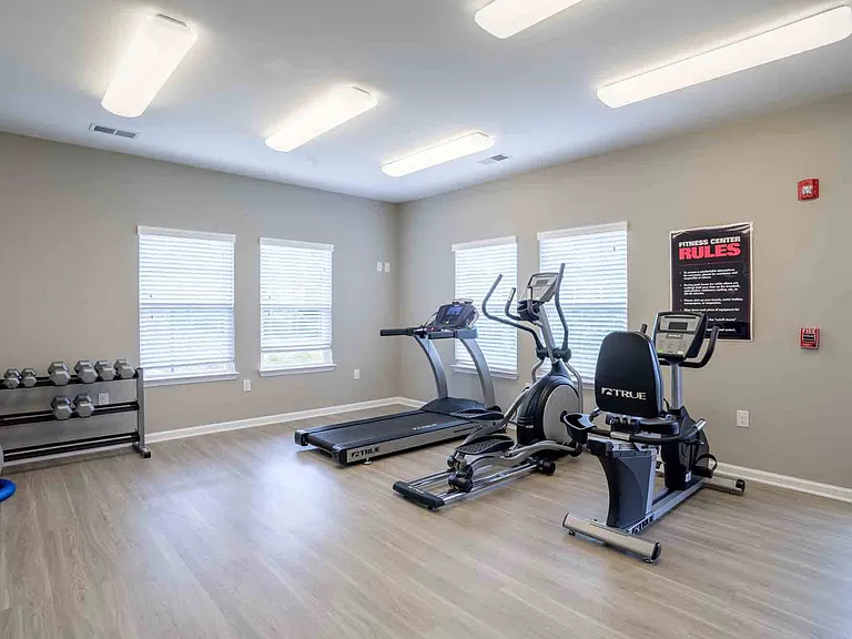 Well-equipped fitness center featuring treadmill, elliptical, recumbent bike, and free weights in a bright, modern space at Cedar Terrace Apartments.