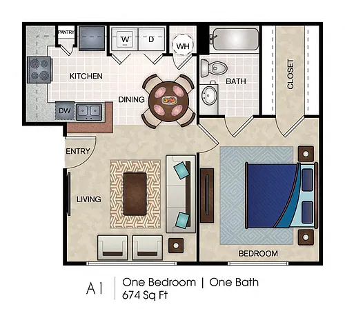 Floor plan A1 One Bedroom, One Bath