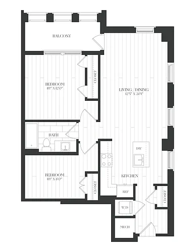 Floor plan JR 2 Bed/1 Bath-2JR-1-The Claude