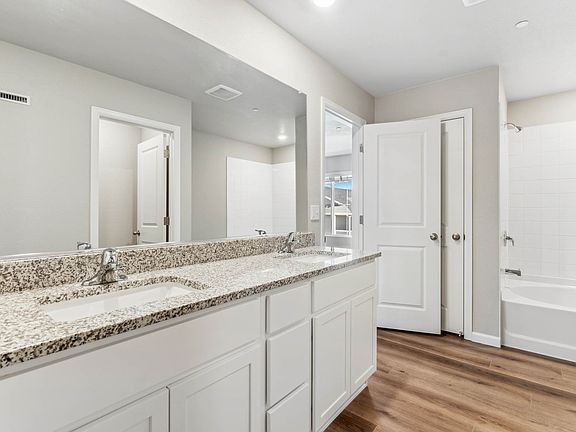 The master bathroom has a dual sink vanity.