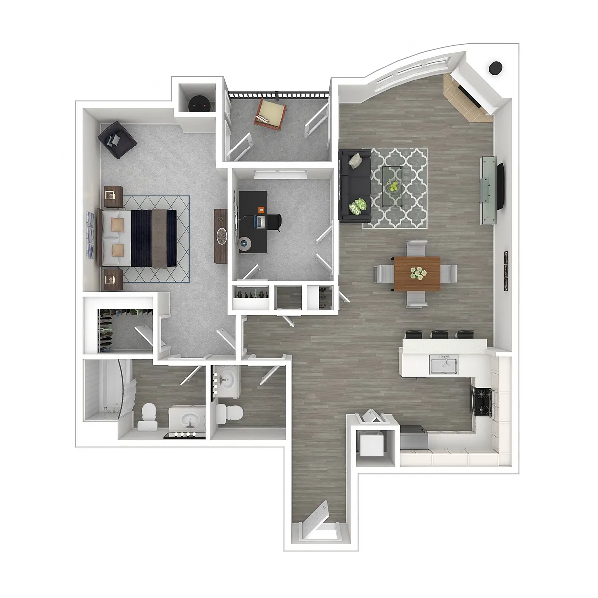 Floor plan 1 Bed, 1.5 Bath + Den E
