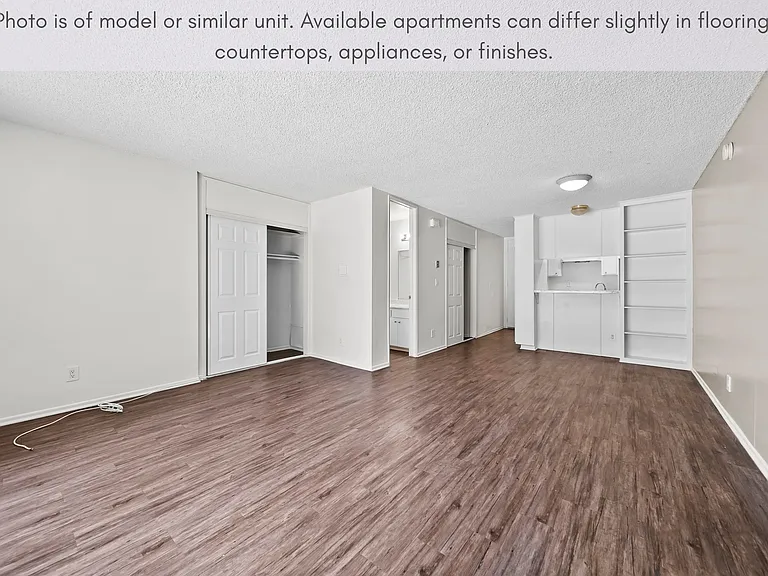 Open living space featuring modern flooring, built-in shelving, and a versatile layout.