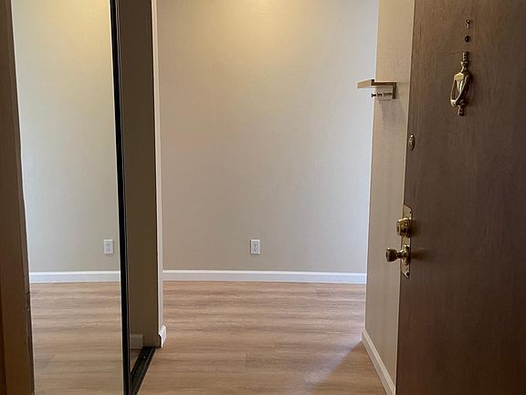 Entryway with wooden flooring and massive closet/storage on left side