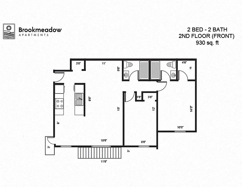 Floor plan 2 Bed, 2 Bath - 930 sq ft