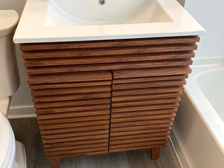 Walnut Vanity & Widespread Faucet