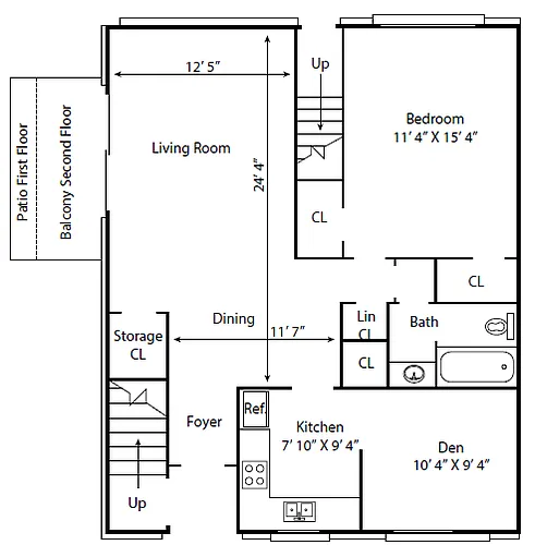 Floor plan 1 Bed 1 Bath Den