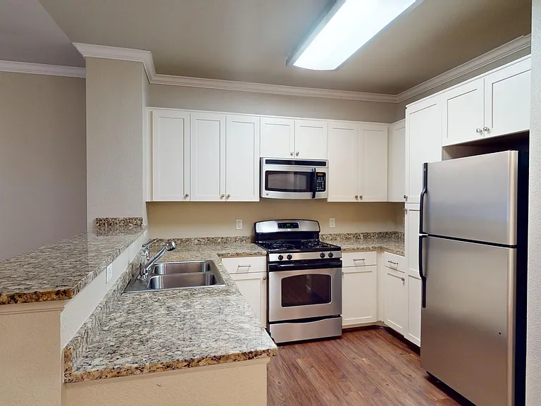 Apartment kitchen with stainless steel appliances, stone counters, and wood style floor.