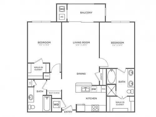 Floor plan 2 Bedroom 2 Bath (1,070 SF)