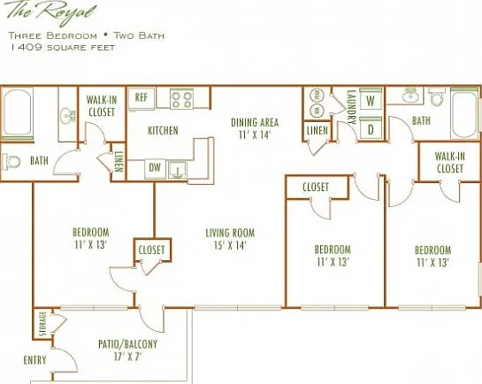 The Royal floor plan with three bedrooms, two baths, spacious living room, and a generous patio. Total area of 1409 sq ft offering luxurious comfort. The Royal floor plan with three bedrooms, two baths, spacious living room, and a generous patio. Total ar