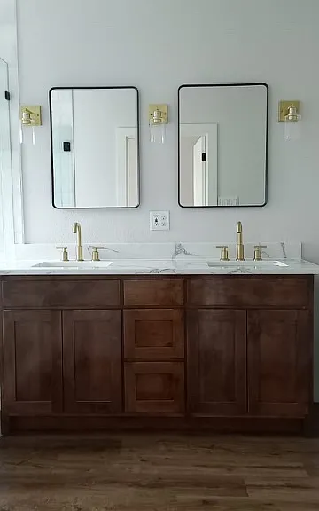 Primary Bath dual vanity, wood cabinetry, Quartz counter, brass fixtures