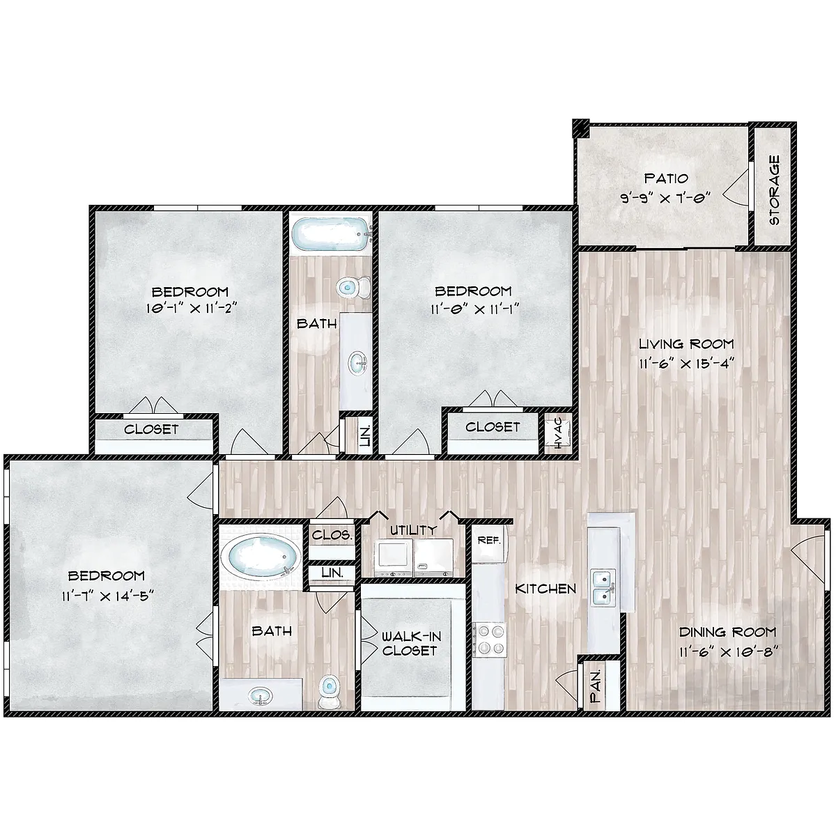 Floor plan 3 Bed, 2 Bath (140% Income Restricted)