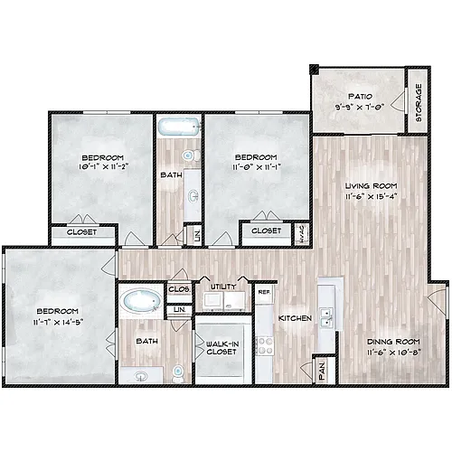 Floor plan 3 Bed, 2 Bath (80% Income Restricted)