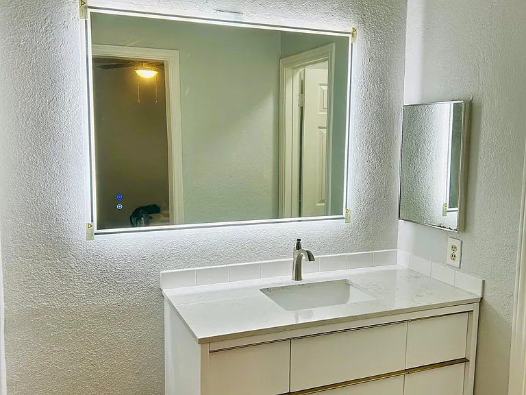 Master bathroom with new modern Anti-Fog, Dimmable LED Bathroom Mirrors with Lights and Altair Morgan Bath Vanity with Carrara White quartz