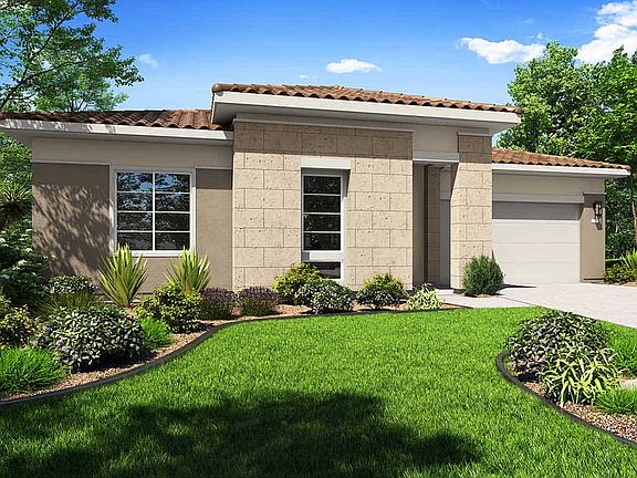 Elevation B features the Santa Barbara exterior style. Shown with Optional Golf Cart Garage