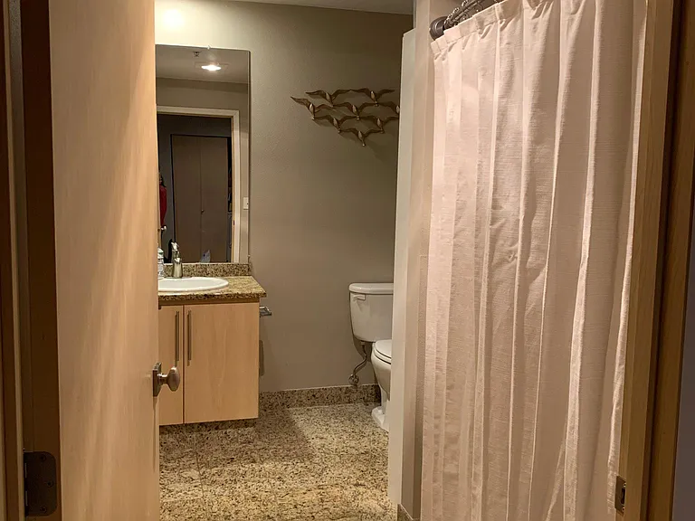 Bathroom with granite floors, heat lamp