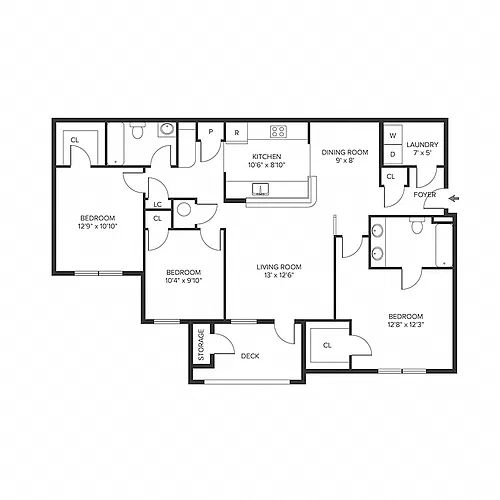 Floor plan 3BR 2BA (1287 SF)