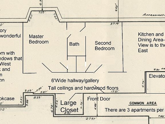 This is the floor plan for the condo that is available. The HUGE condo is almost 1500 square feet. You only share a small section of wall with a neighbor and the place is very quiet. You have views to the east and to the north.
