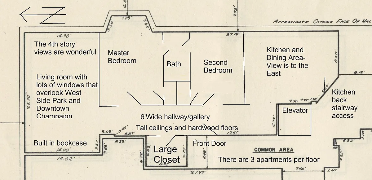 This is the floor plan for the condo that is available. The HUGE condo is almost 1500 square feet. You only share a small section of wall with a neighbor and the place is very quiet. You have views to the east and to the north. - 311 W University Ave #303