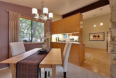 Dining room looking into the spacious kitchen.