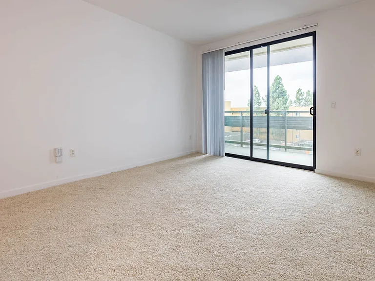 Carpeted Living Room with Balcony