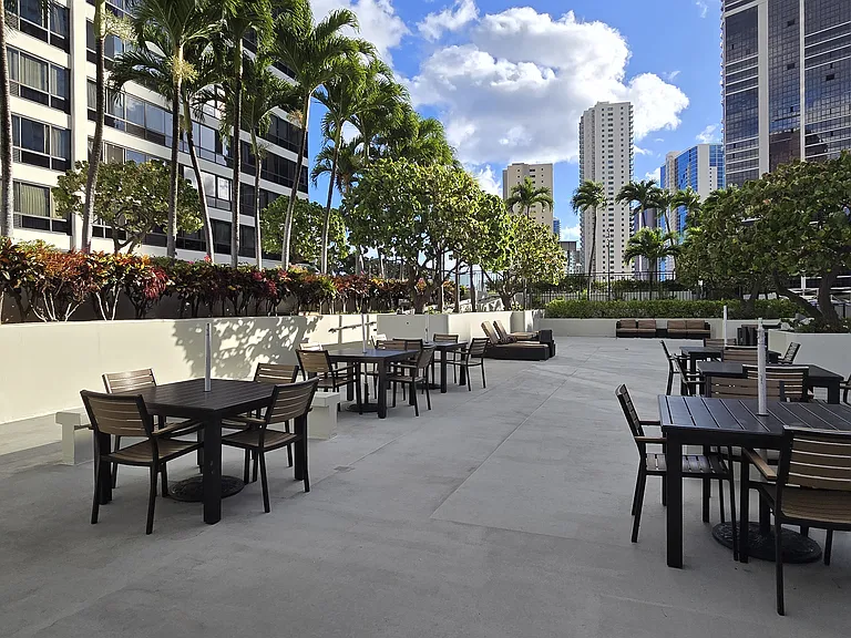 large hang out area viewed from bbq grill