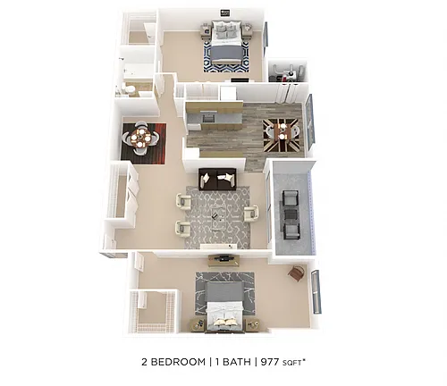 Floor plan Two Bedroom 1 Bath - 977 sqft