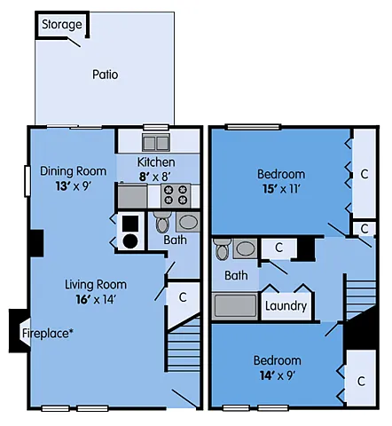 Floor plan 2 bed 1.5 bathTH reno wb2x1.5r-Sycamore