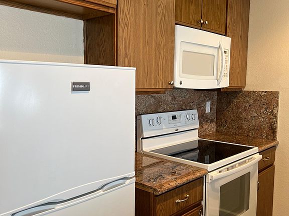 Kitchen with fridge, microwave and electric cooking range and granite counter tops