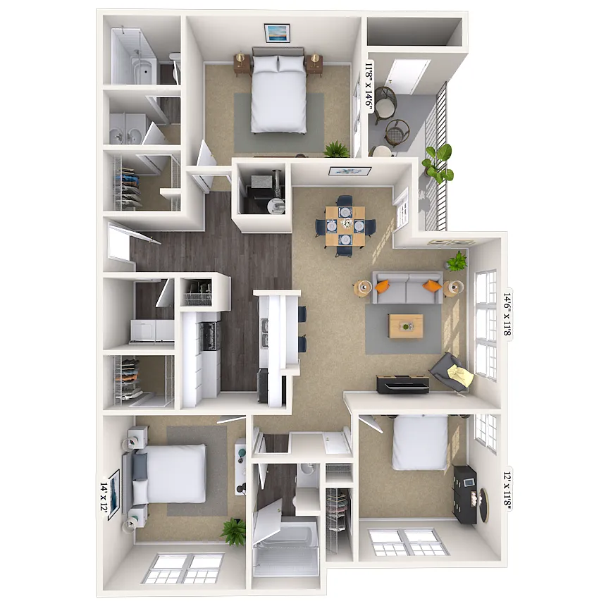 Floor plan Traditional 3x2 1291-1382 SF