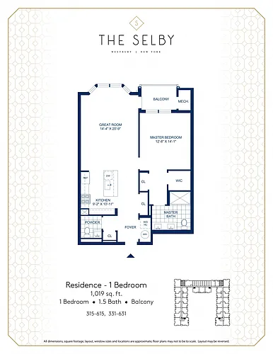 Floor plan 1 Bed - 1.5 Bath - Balcony