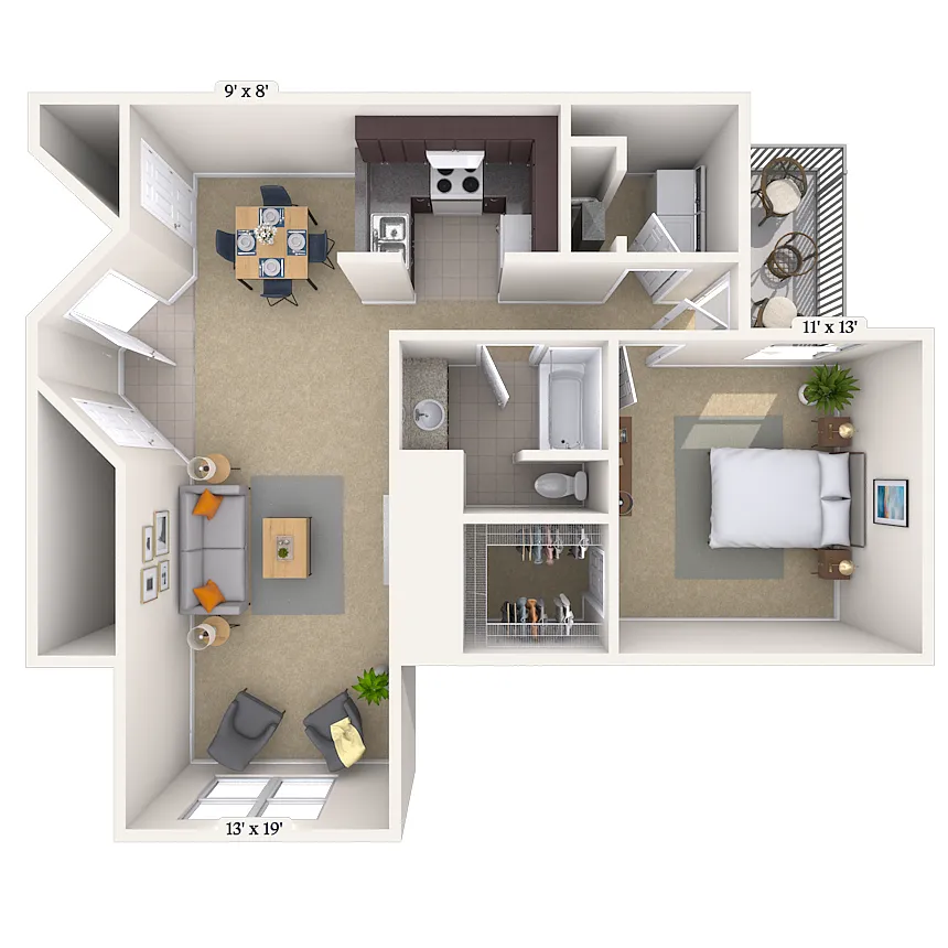 Floor plan 1BR 1BA (1000 SF)