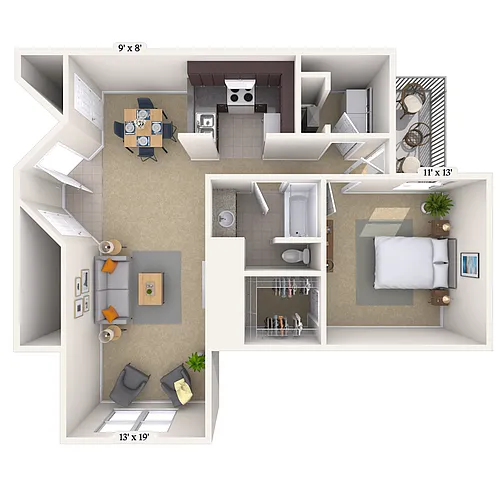 Floor plan 1BR 1BA (1000 SF)