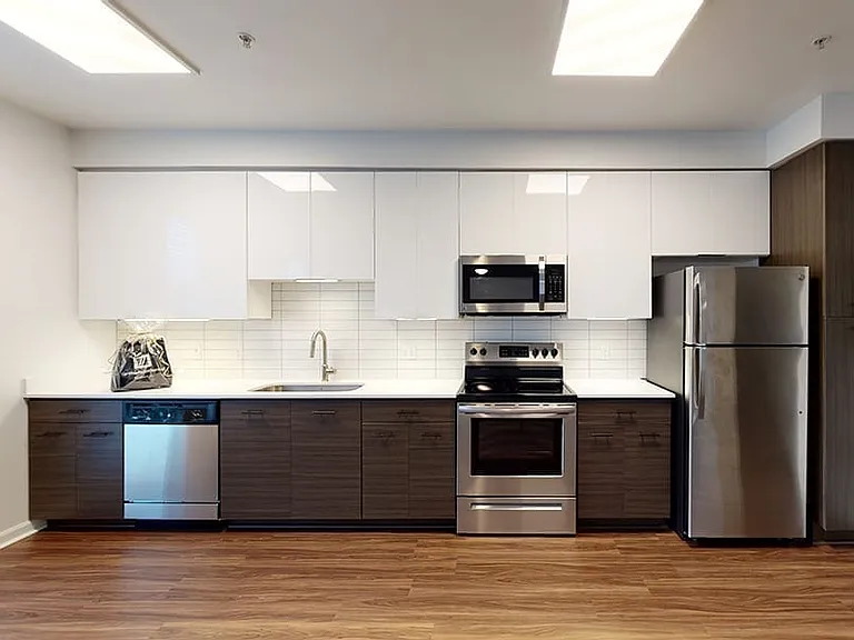 Gourmet kitchen with stainless steel appliances, quartz countertops and wood-style flooring.