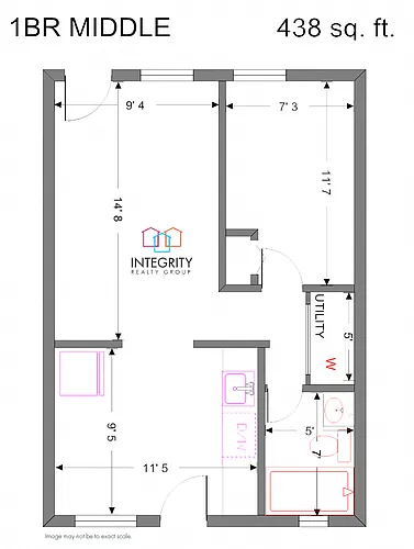 Floor plan 1 Bed 1 Bath (Middle)