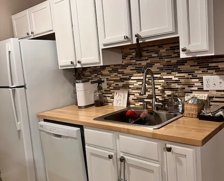 Galley kitchen, fridge and dishwasher