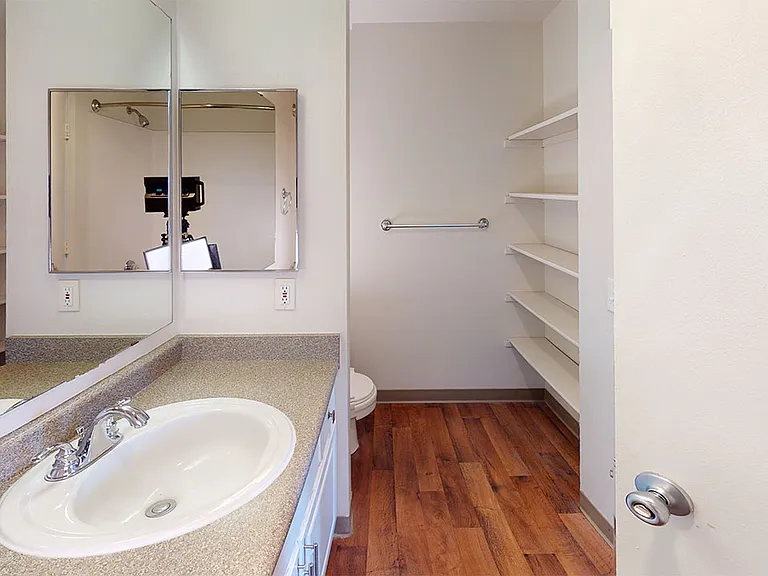 Apartment bathroom with wood-style flooring.