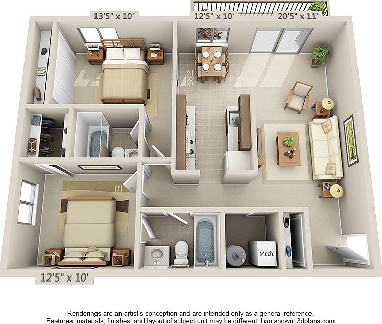 2 Bedroom 2 Bathroom Layout