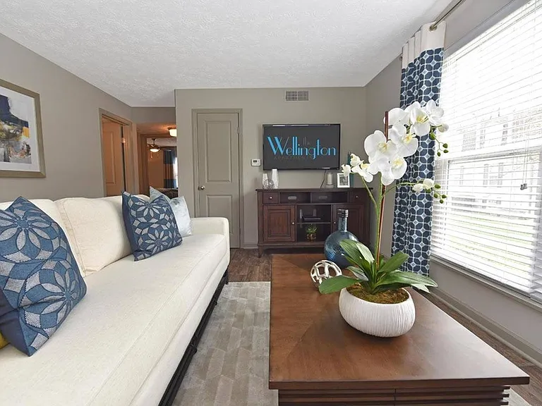 Spacious living room with hardwood-style flooring