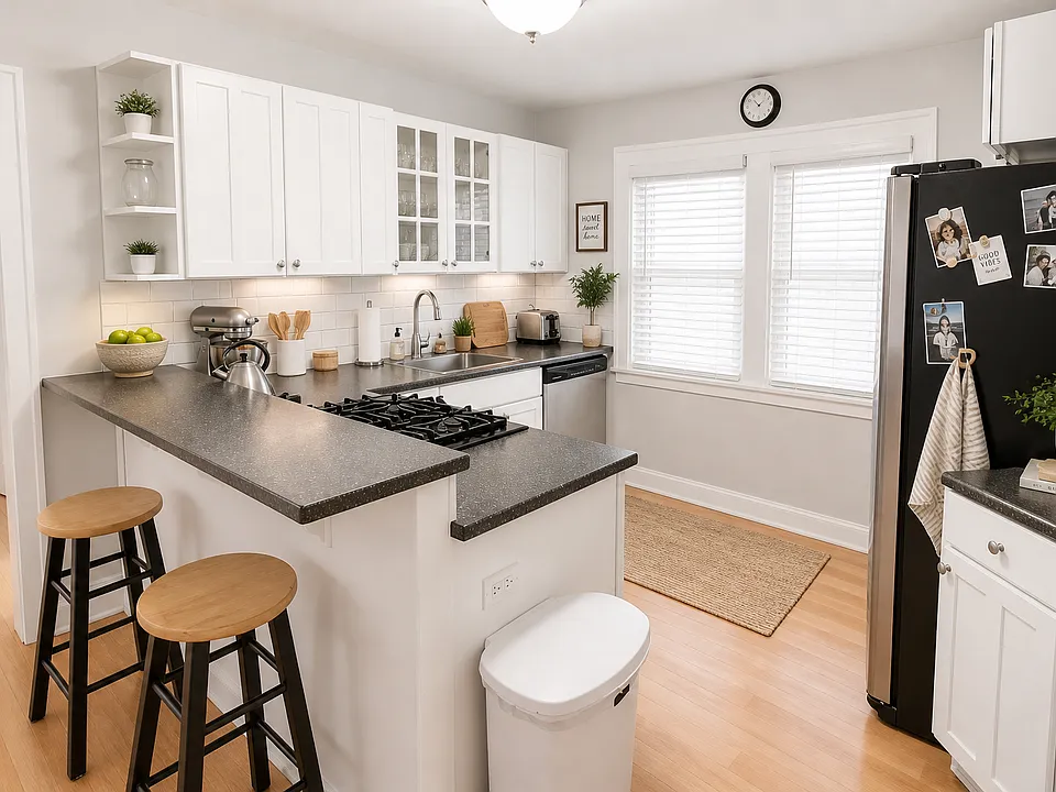 Kitchen with subway tile backsplash.