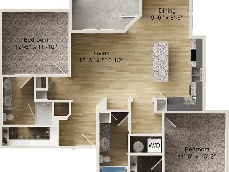 Two Bedroom Apartment with kitchen island
