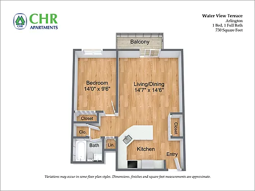 Floor plan 1 Bed/1 Bath with Balcony and A/C