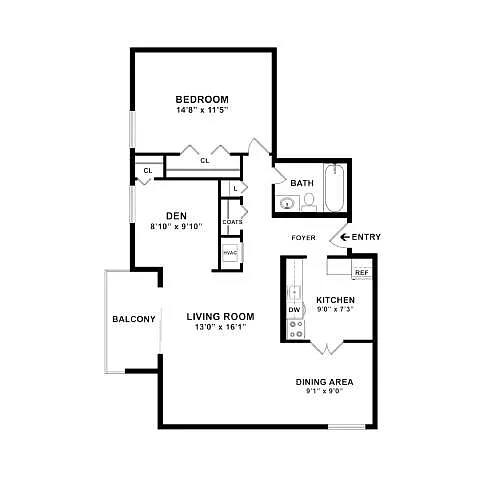 Floor plan 1 BDRM & DEN - A1AD