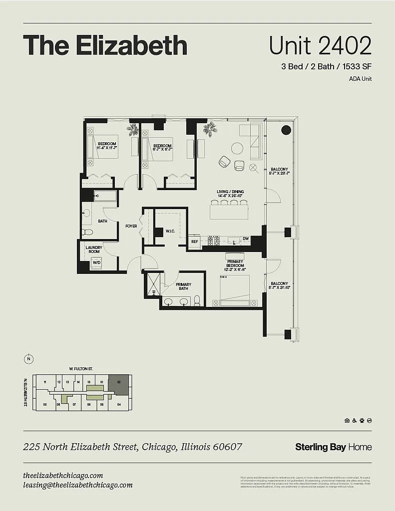 Floor plan 02A - 3Bed/2bath, Balcony