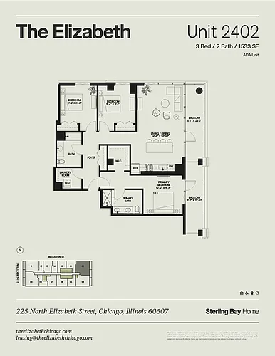 Floor plan 02A - 3Bed/2bath, Balcony