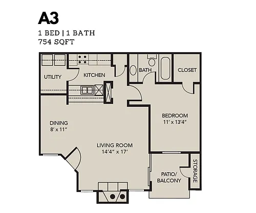 Floor plan 1 Bedroom 1 Bath (A3)