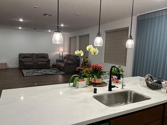 Hall with open kitchen, window and door cutains with remotes.